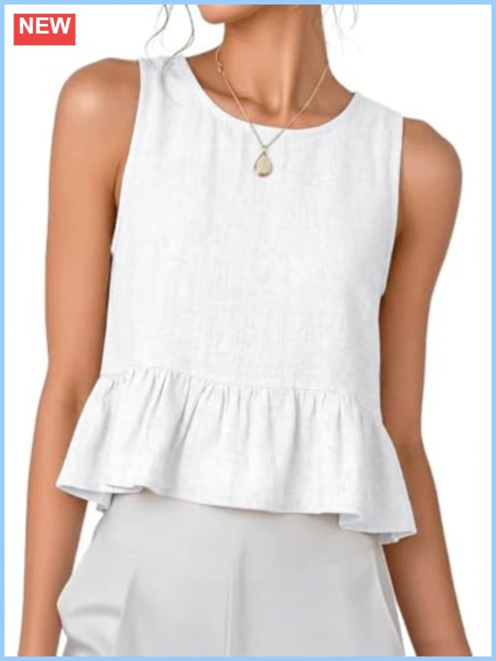 Ruffle Linen Tank Top Sleeveless Crew Neck Summer Beach Casual Shirt
